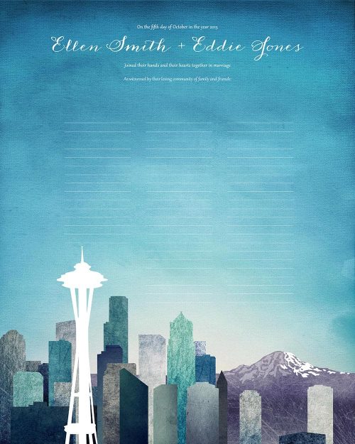 Seattle wedding certificate washington state skyline cityscape quaker marriage certificate