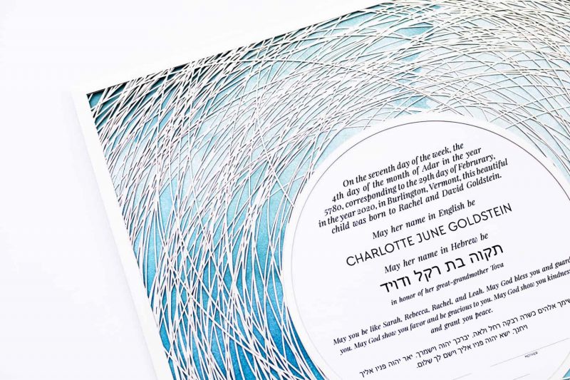 Encircled Paper Cut Hebrew Naming Certificate Blue