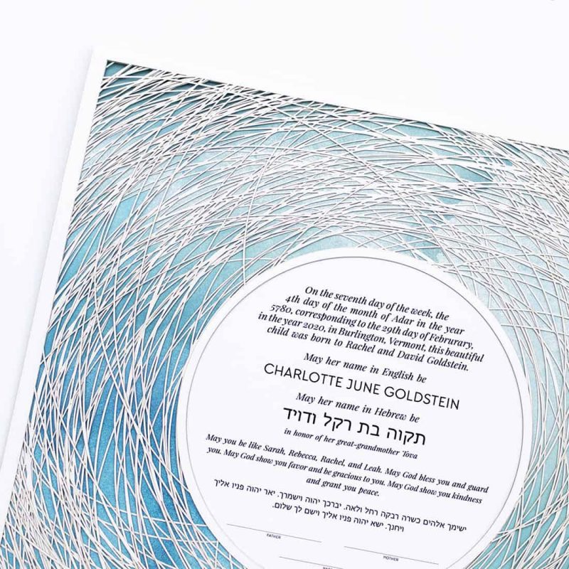 Encircled Paper Cut Hebrew Naming Certificate Blue