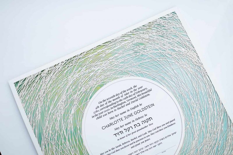 Encircled Paper Cut Hebrew Naming Certificate Green