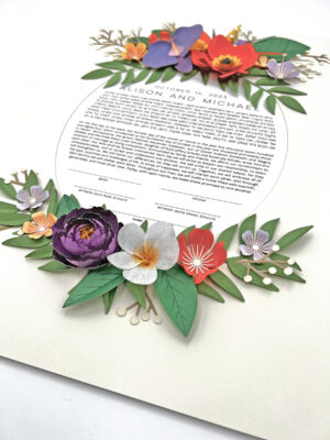 3-D Paper Cut Ketubah Orange and Purple Florals